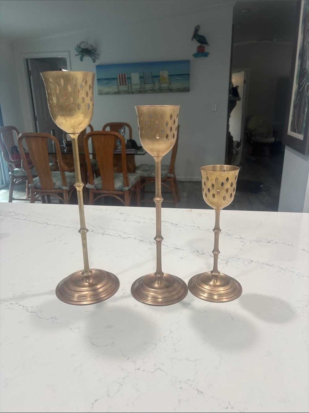 Unbranded Antique Brass Finish Decorative Candlestick Set - Gold Tone